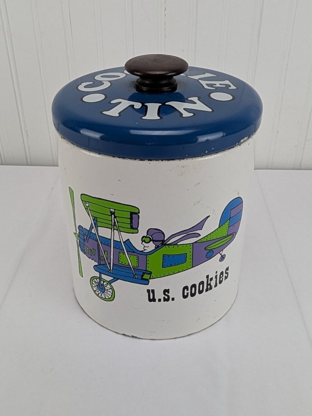 Vintage Ransburg Cookie Jar Tin U.S. Cookies Metal Lid Biplane Retro Airplane